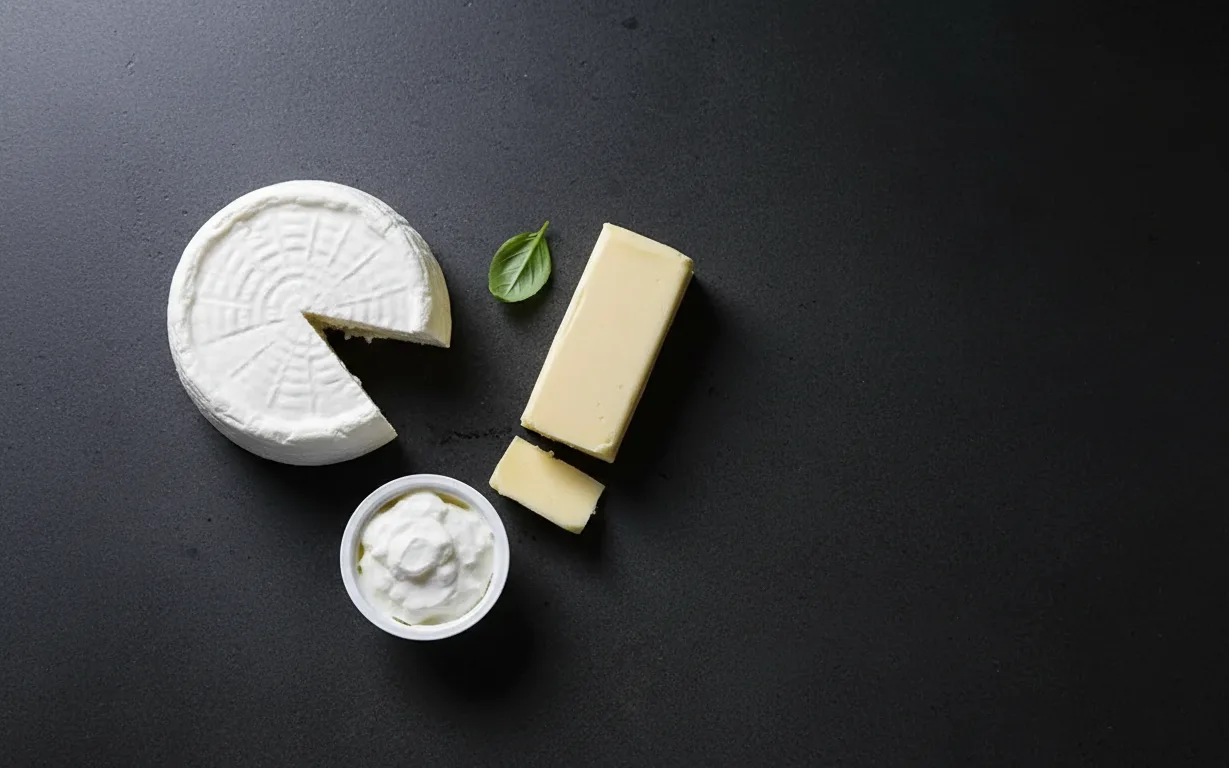 Fresh white cheese, a block of butter and a small pot of cream on dark stone, seen from above