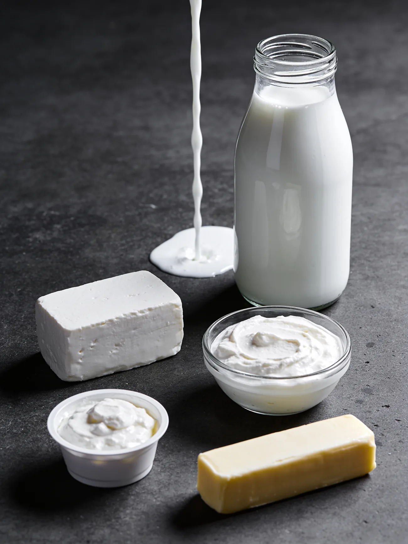 A dairy spread of milk, cheese, butter and yogurt
