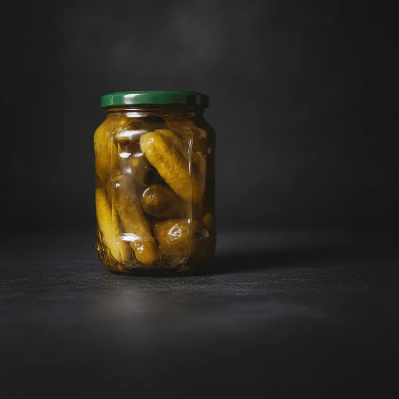 A glass jar of whole pickled cucumbers on dark stone