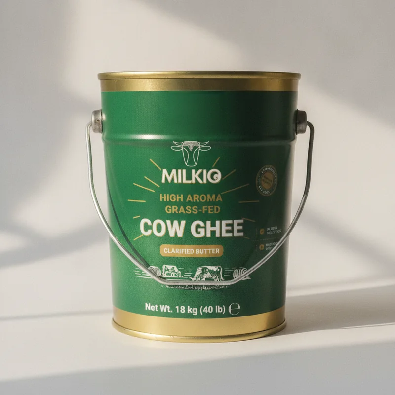 The green Milkio High Aroma Grass-Fed Cow Ghee tin with its carry handle, in soft window light