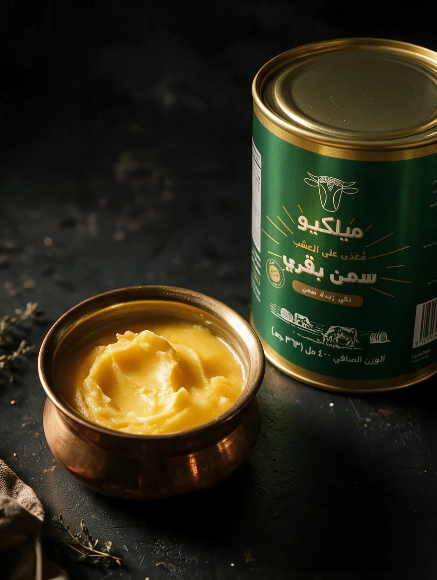 Milkio cow ghee, set golden in a copper bowl beside the green Milkio tin