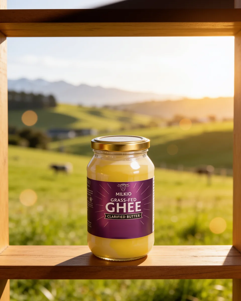 A glass jar of Milkio grass-fed ghee on a wooden shelf in late sun, with green pasture and grazing cows behind