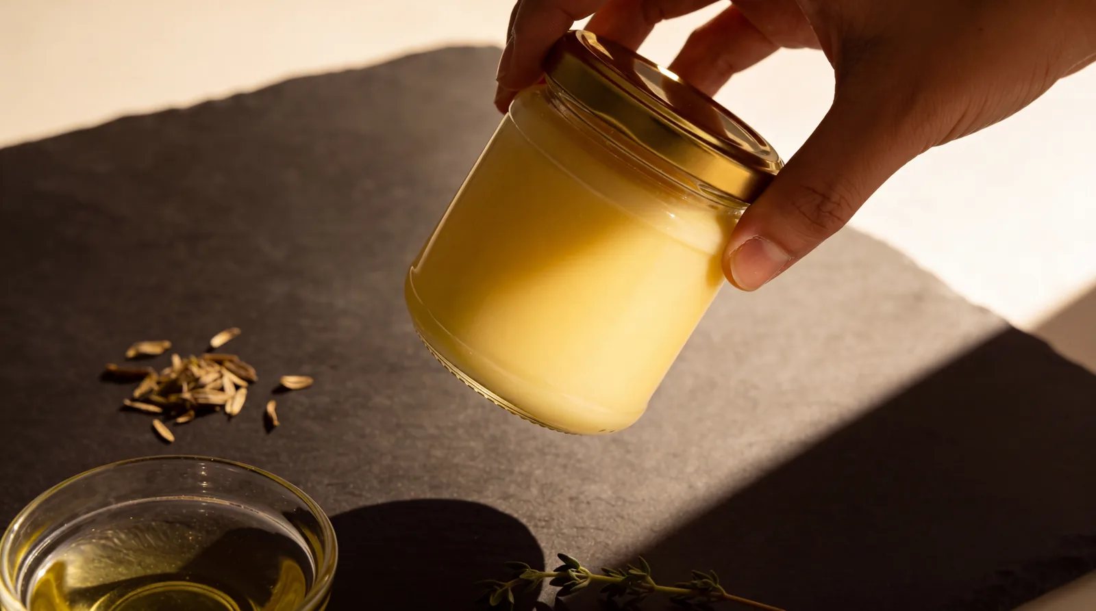 Milkio cow ghee in a glass jar