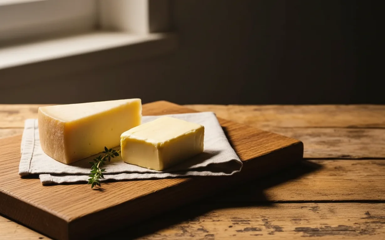 A wedge of semi-hard cheese and a block of butter on an oak board with linen