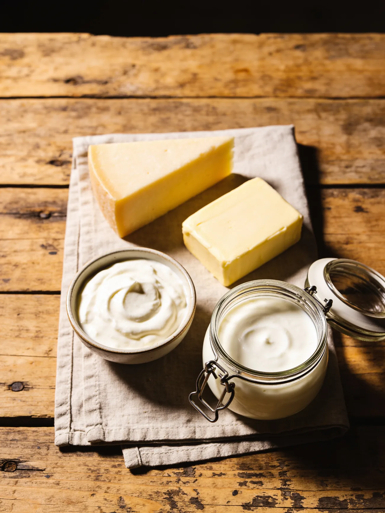 A dairy spread of cheese, butter and yogurt