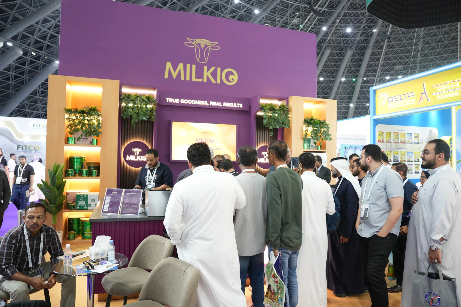 Visitors lined up at the ZAAC and Milkio booth at SaudiFood Manufacturing 2026 in Jeddah